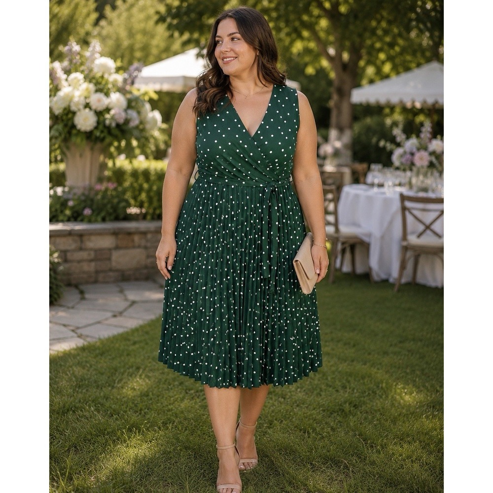 Lark + Grey Polka Dot Pleated Faux Wrap Dress Size 2X Green White Wedding Guest